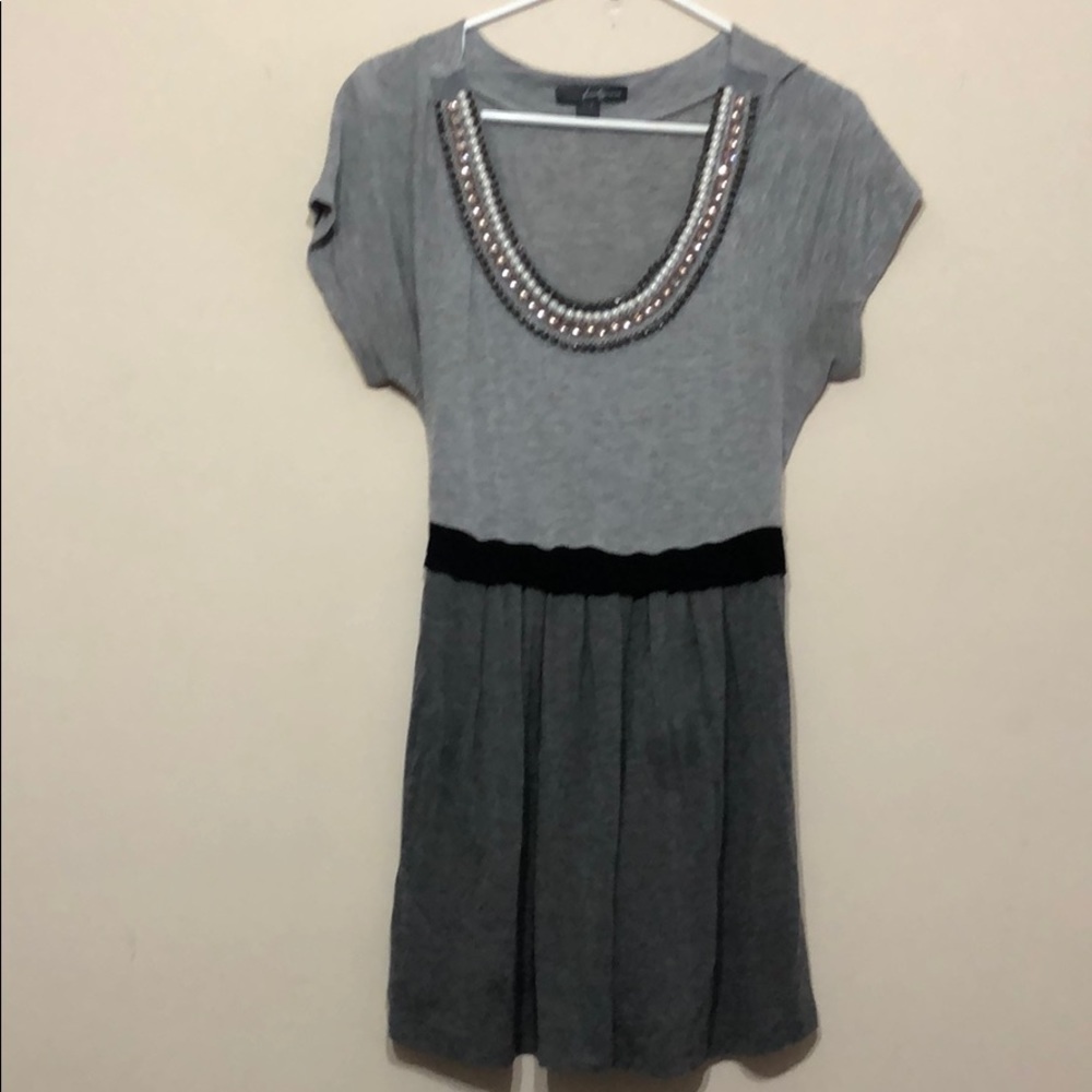 Elegant Gray Dress with Beaded Neckline